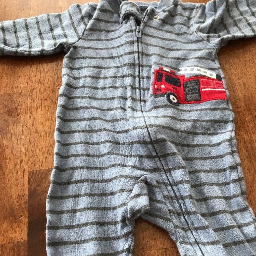 Firetruck Blue & Grey Striped Long Sleeve Footie